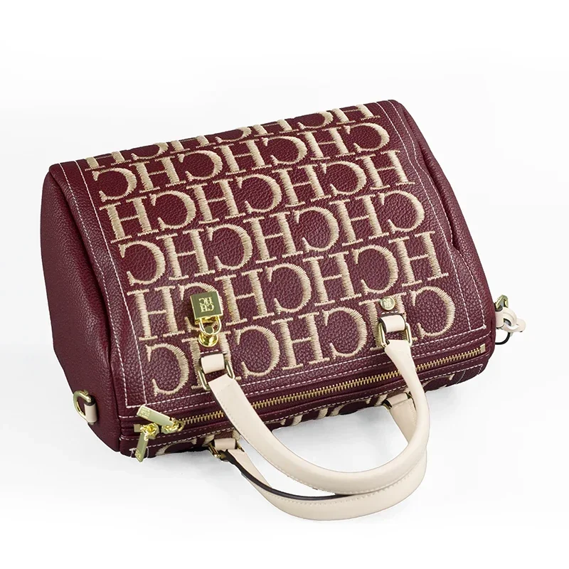 CH Embroidery Letter Boston Bag Women Black PU Leather Handbag Gold Lock Removable Strap Travel Crossbody Shoulder Purse view 4