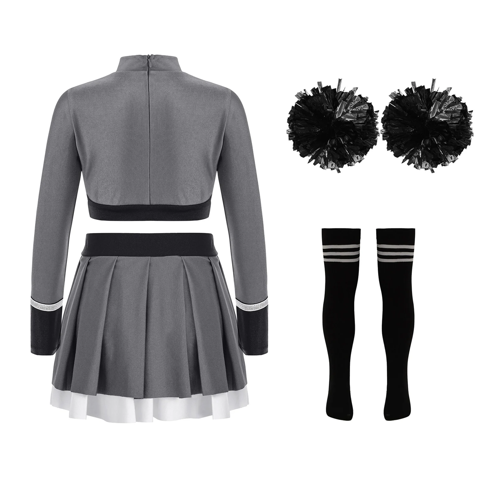 Girls Cheerleading Dance Outfit Long Sleeve Crop Top with Pleated Skirt Flower Balls Socks for Halloween Cosplay Dancewear Sets