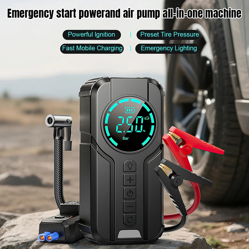 1000A Peak Car Jump Starter 6000mAh Power Bank Built-in 100PSI Tire Inflator Type-C Fast Charging LED Emergency Light 12V Jump Box For Gas Diesel Car Motorcycle Bike Sports Ball