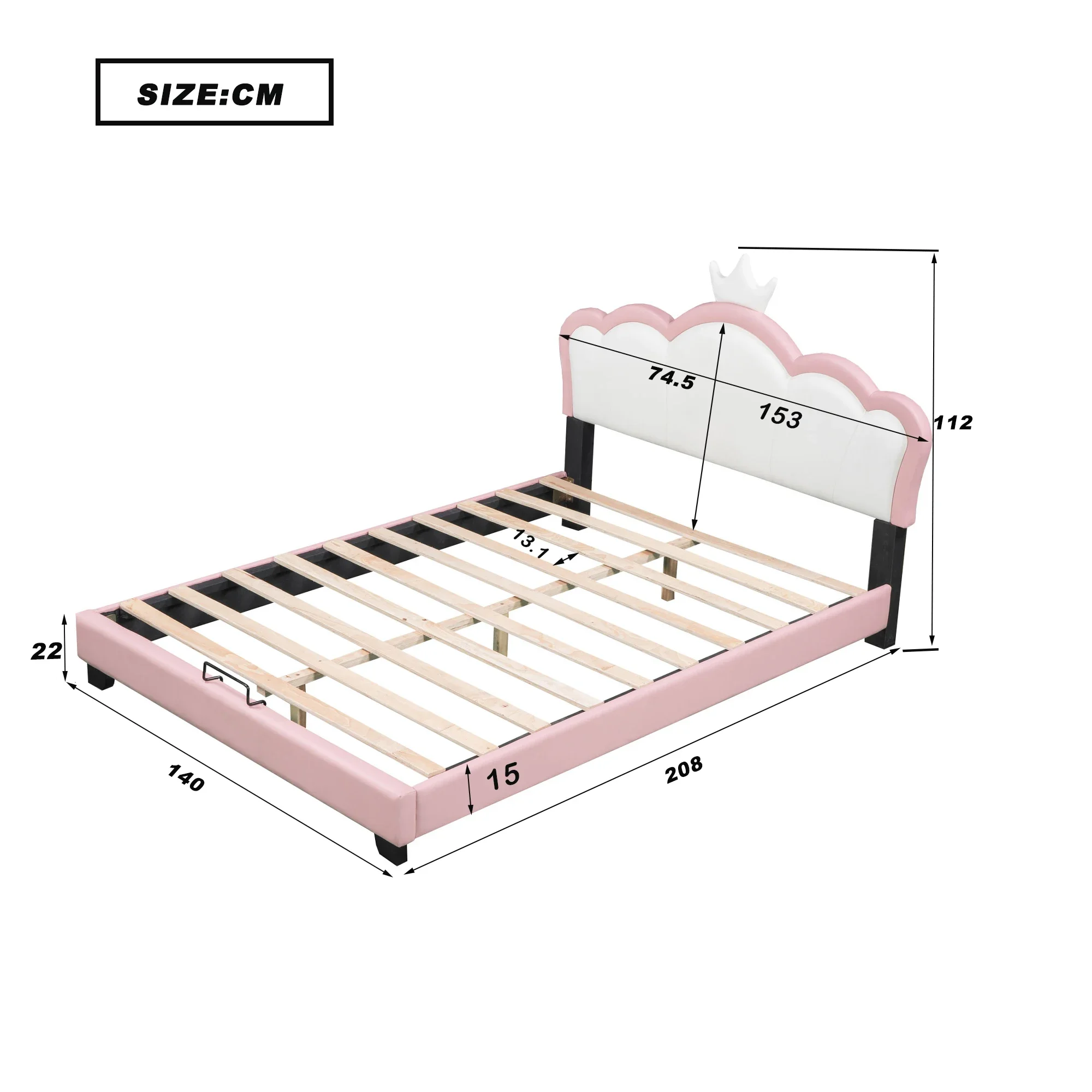 VSOGA Kinderbett, Polsterbett, 140 x 200 cm, mit Lattenrost und Rückenlehne, Mädchenbett mit Kronenform