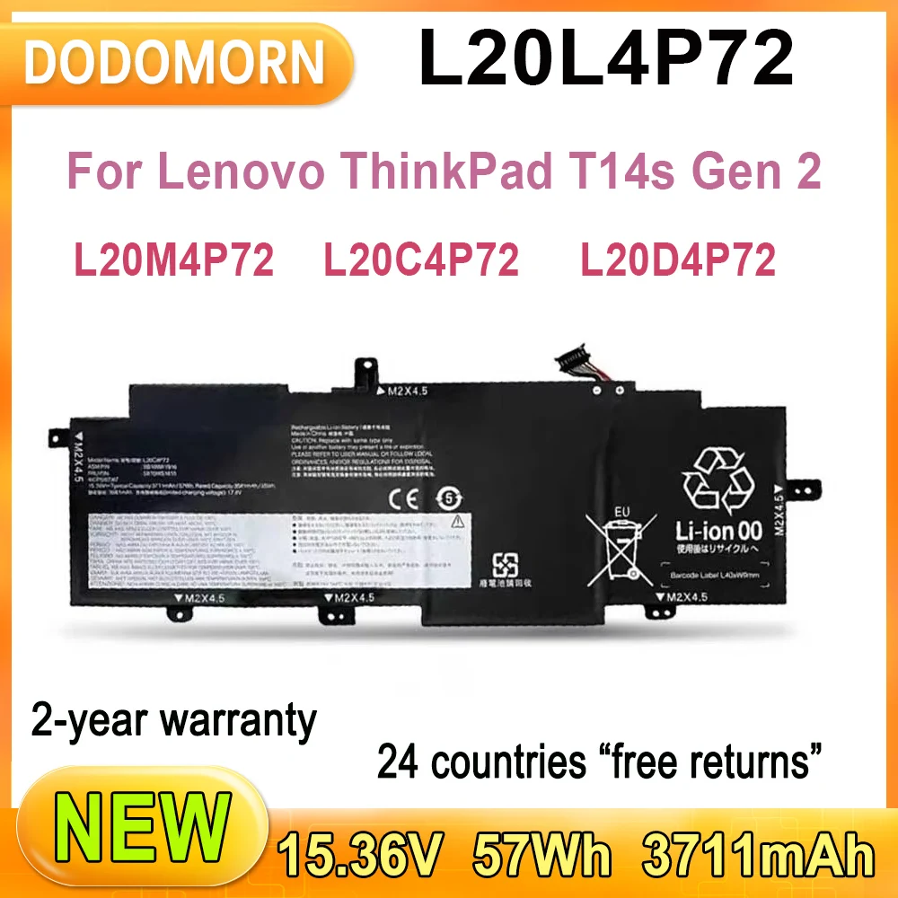 New L20L4P72 Laptop Battery For Lenovo ThinkPad T14s Gen 2 L20M4P72 L20C4P72 L20D4P72 Rechargeable Li-ion 3711mAh 57Wh 15.36V