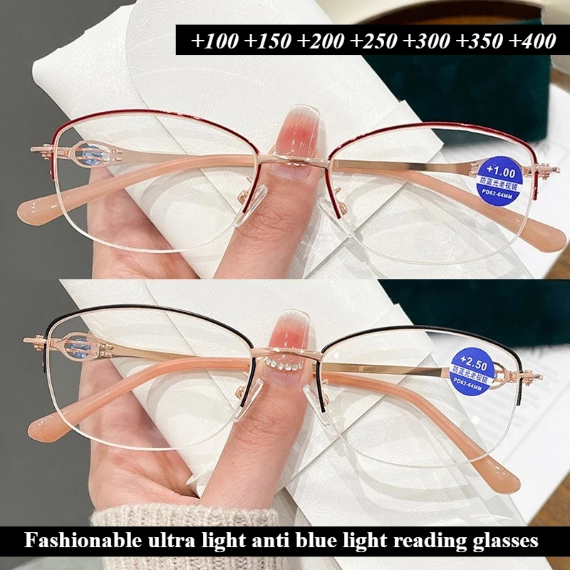 Modische, ultraleichte Lesebrille mit Halbrahmen für Damen, hochauflösende Anti-Blaulicht-Lesebrille für Presbyopie