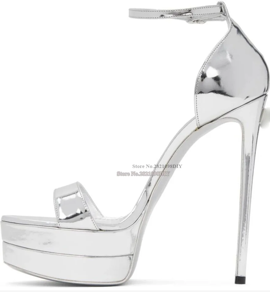 Metallic Silvery Ankle Strap Platform Dress Sandals Women Waterproof Straps Open Toe Thin High Heel Summer Heeled Party Shoes