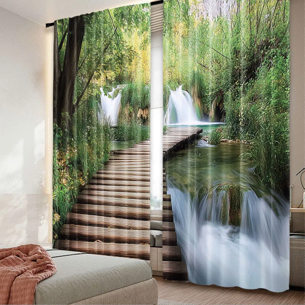 2Pcs Forest Jungle Curtain Wooden Footbridge Along The Stream In Greenery Jungle Waterscape Scenery Suitable For Bedroom
