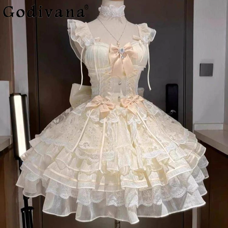 

Cos Big Bow Princess Style Birthday Dress for Women Japanese Lolita Sleeveless Party Dress Female High Street Birthday Dress