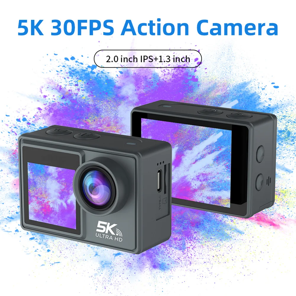 

5K 30FPS Action Camera Dual IPS Screen Waterproof Bicycle Diving Cam 170 Degree Wide Angle Remote Control WiFi Timed Photo Video