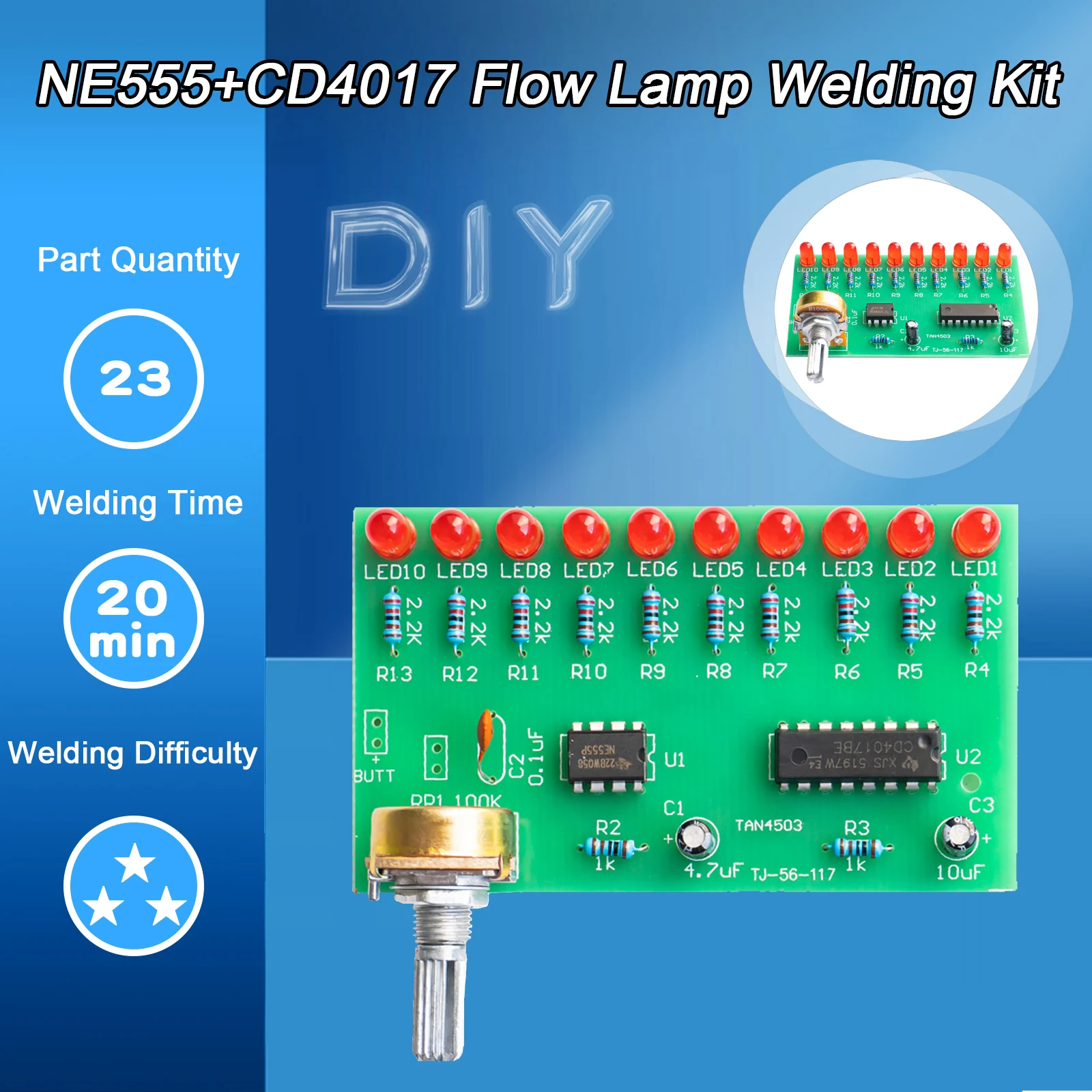 NE555 + CD4017 Светодиодный лампа с потоком, набор для самостоятельной сборки, электронная фотолампа, набор для обучения сварке