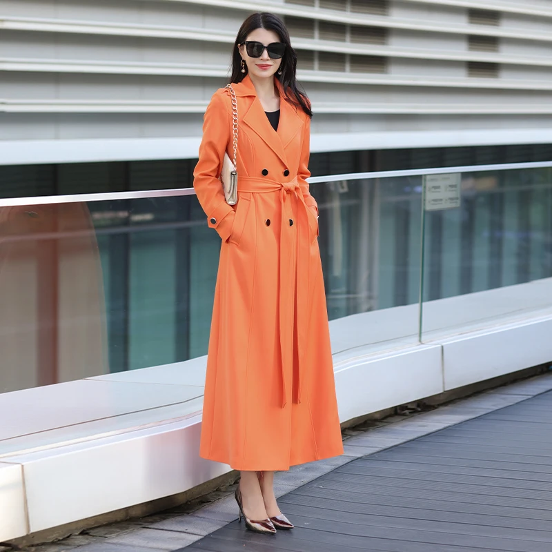 

Orange Red Tailored Suit Collar Long Coat Spring Autumn Double Breasted High End Elegant Slim Fit Fashionable Windbreaker 597