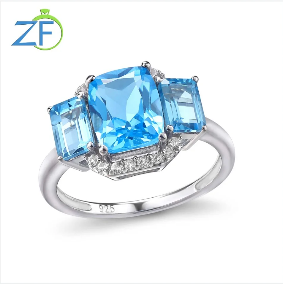 GZ ZONGFA Pure 925 Sterling Silver Ring for Women Cushion Natural London Blue Topaz Gemstone 2.4ct Rhodium Plated Fine Jewelry