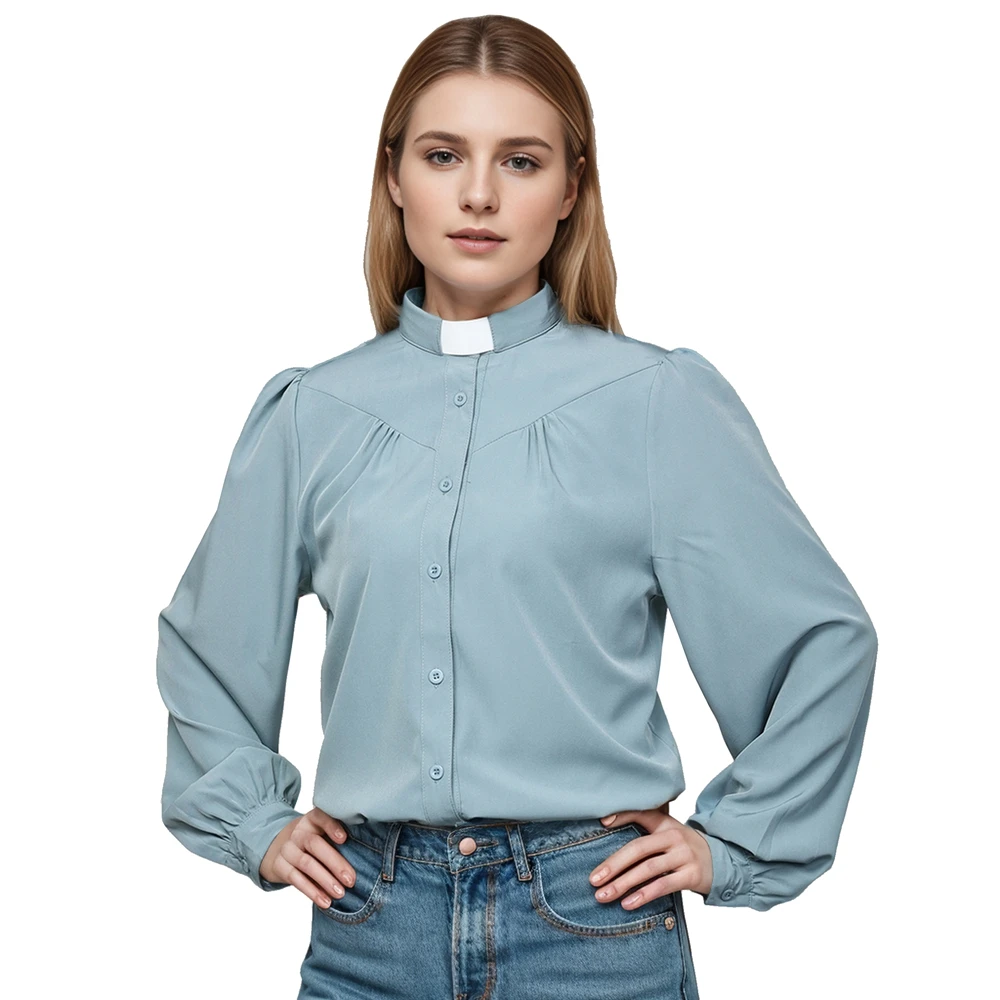 Tab Collar Clergy Shirt Women Long Sleeve Church Priest Uniform Tops Blouse