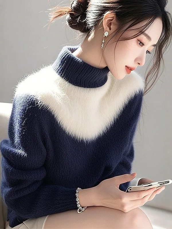

Blue White f High Collar Knitted Sweater Women's Faion 2025 Early Autumn Korean Sle High End Sensation Unique Top