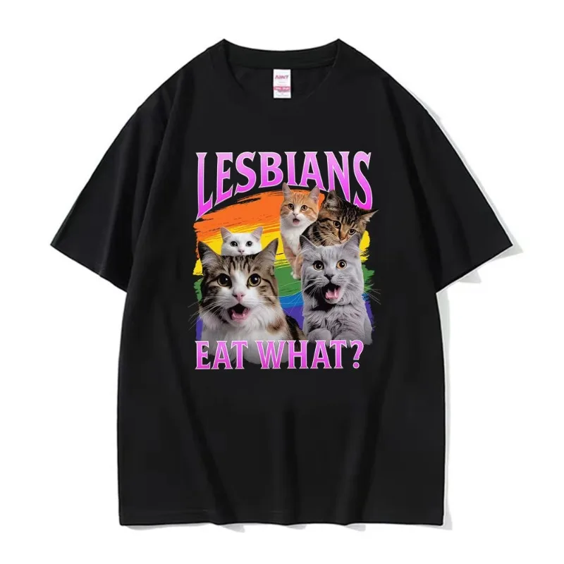 المثليات يأكل ماذا؟! مضحك LGBT القط ميمي تي شيرت الرجال النساء الهيب هوب عادية تتجه قصيرة الأكمام تي شيرت فضفاض الكرتون تي شيرت