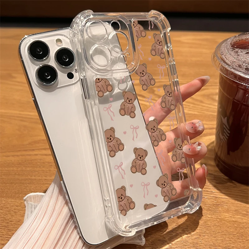 Coque de téléphone transparente avec nœud petit ours, étui en Silicone Transparent pour iPhone 11 12 13 14 15 16 17 Pro Max 17 Air 7 8 Plus X XR XS