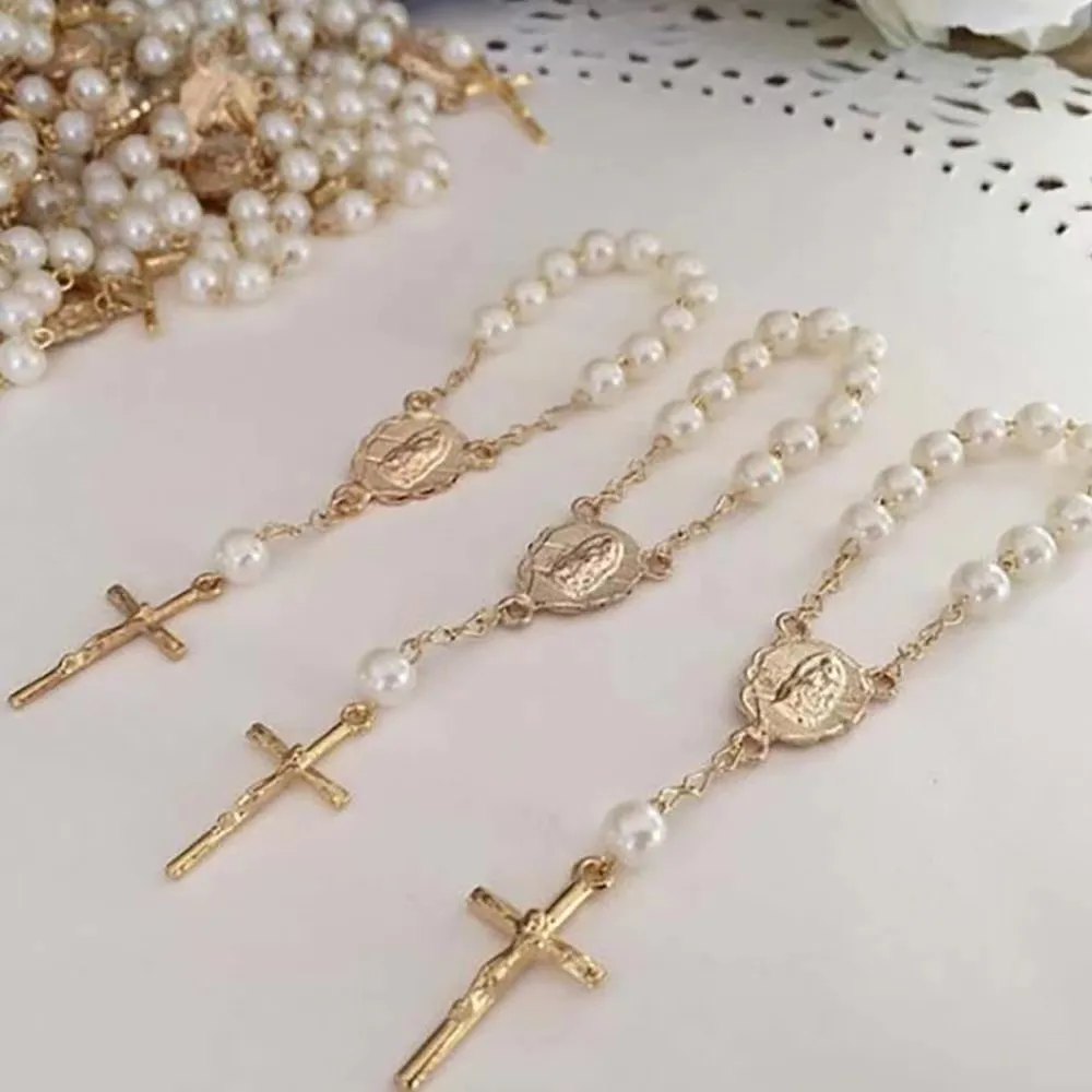 12Pcs Baby 6mm Glass Pearl Rosary Bracelet Eucharist Gift Cross Finger Chain Religion Mini Rosary Wholesale