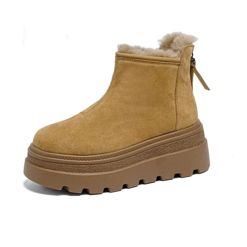 New Winter Women's Leather Snow Boots 7.5CM High Platform Female Anti-slip Plush Booties Trends Zipper Keep Warm Fur Ankle Shoes