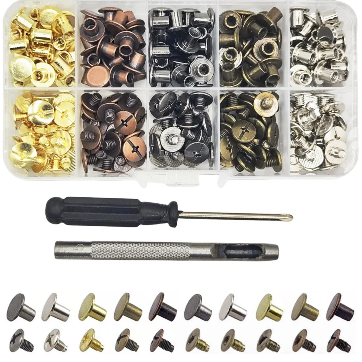 100 Sets Decorative Nails Cross Screws Belt Buckles Rivets 5-color Flat Head Impact Nails Leather Column Box-packed Screws