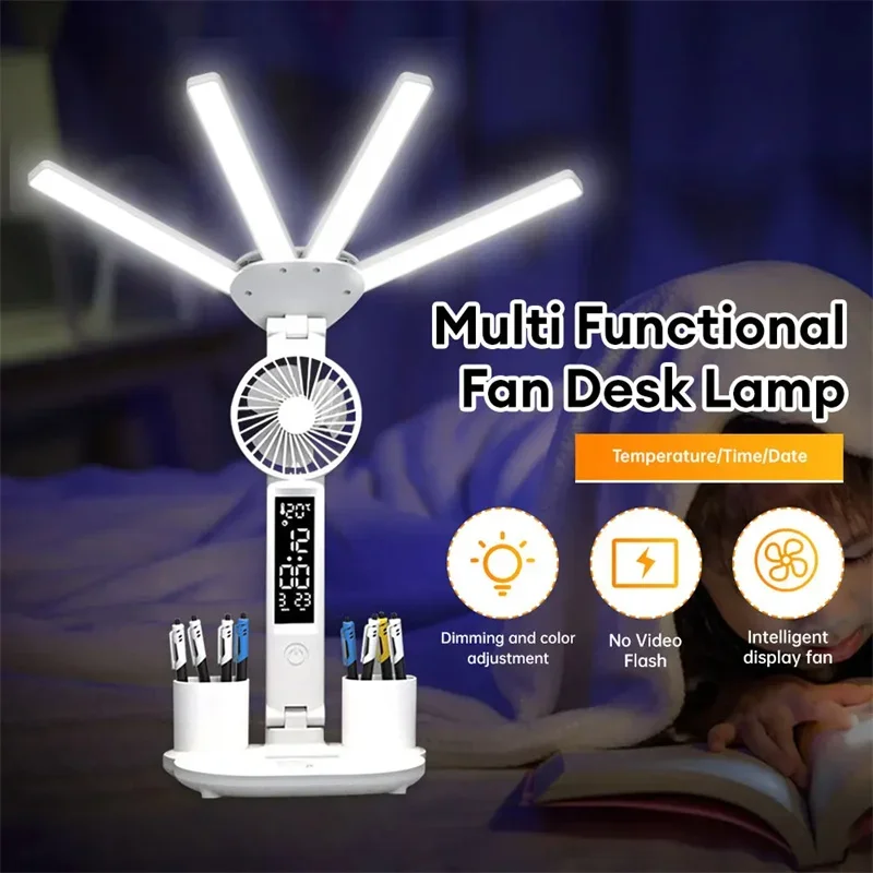 

3in1 Multifunction desk LED Four-headed Folding With Fan Calendar Clock USB Rechargeable Light 3 Color Reading Lamp table lamp