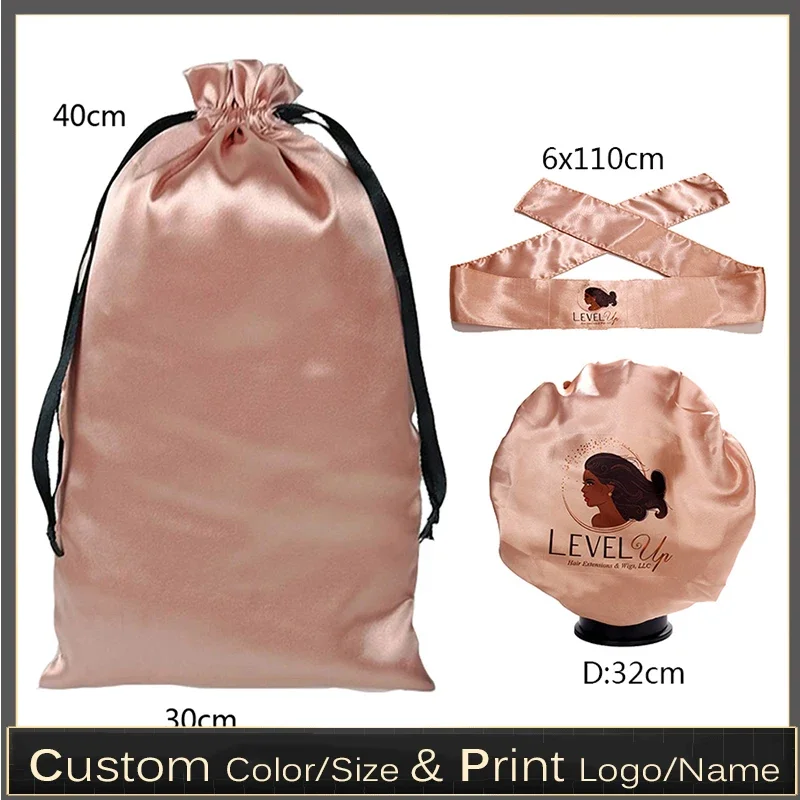 Custom Logo Virgin Hair Extensions Packaging Bag/Bonnet/Wrap/Headband/Cap 18x30/30x40cm Silk Satin Bag Drawstring Gift Pocket