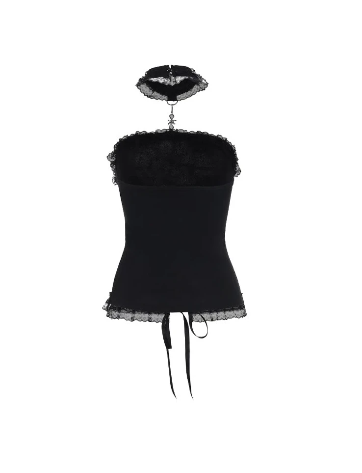 Europeu americano sexy rendas colar colar sem alças temperamento topo personalizado rua menina preto versátil topos