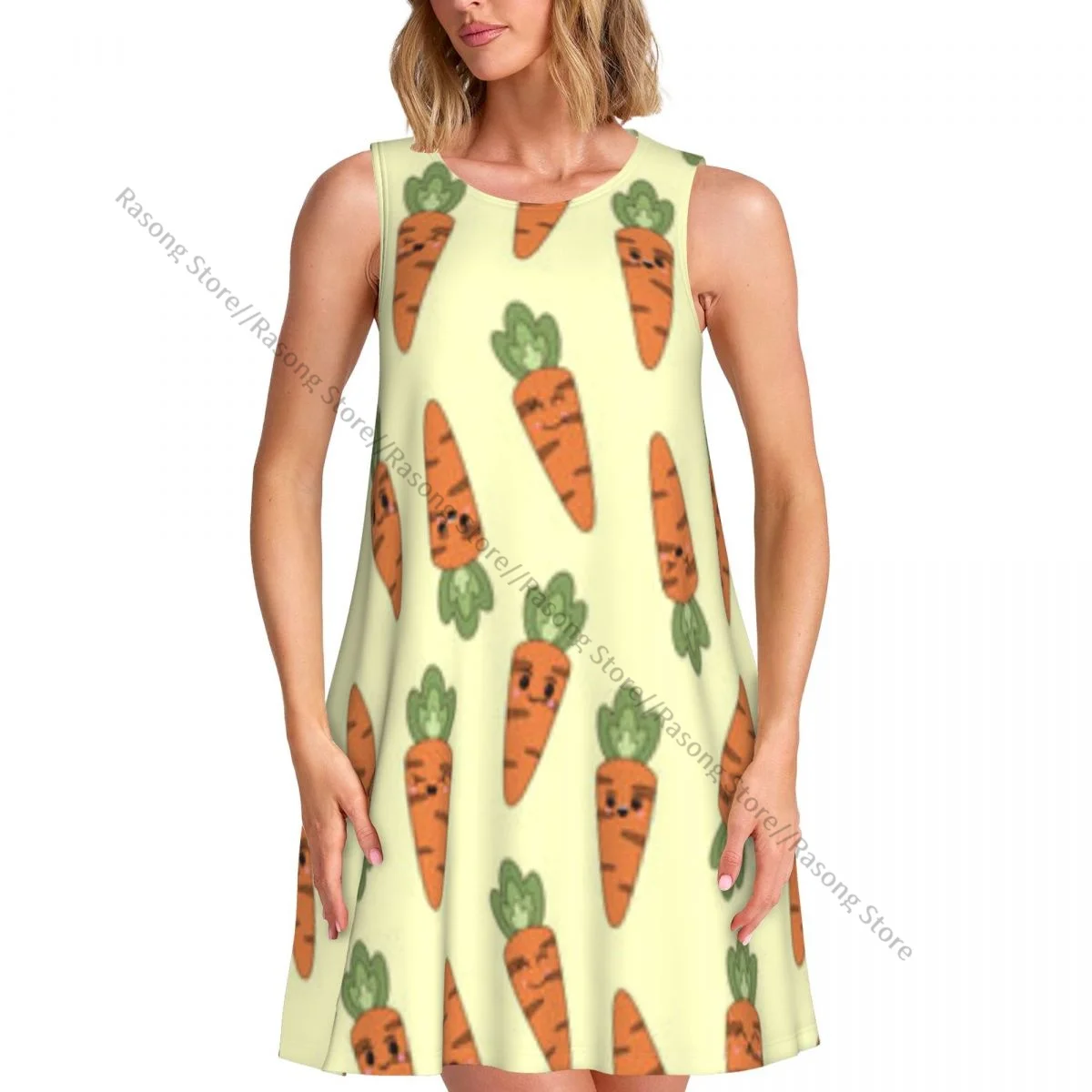 فستان ملابس نسائية فستان كارتوني جزر برقبة دائرية بدون أكمام