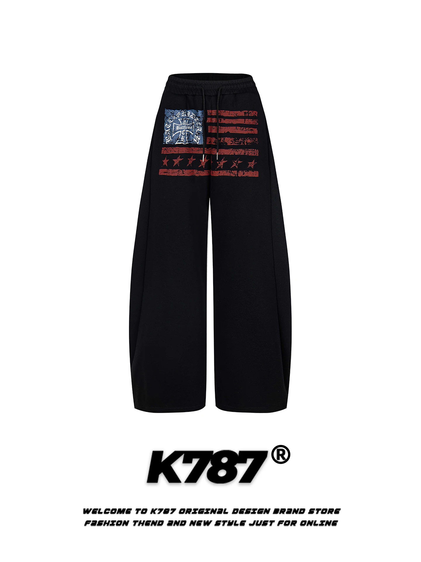 

K787 American Street Flag Print Drawstring Sweatpants Loose Casual Sporty Wide Leg Long Trousers for Men And Women