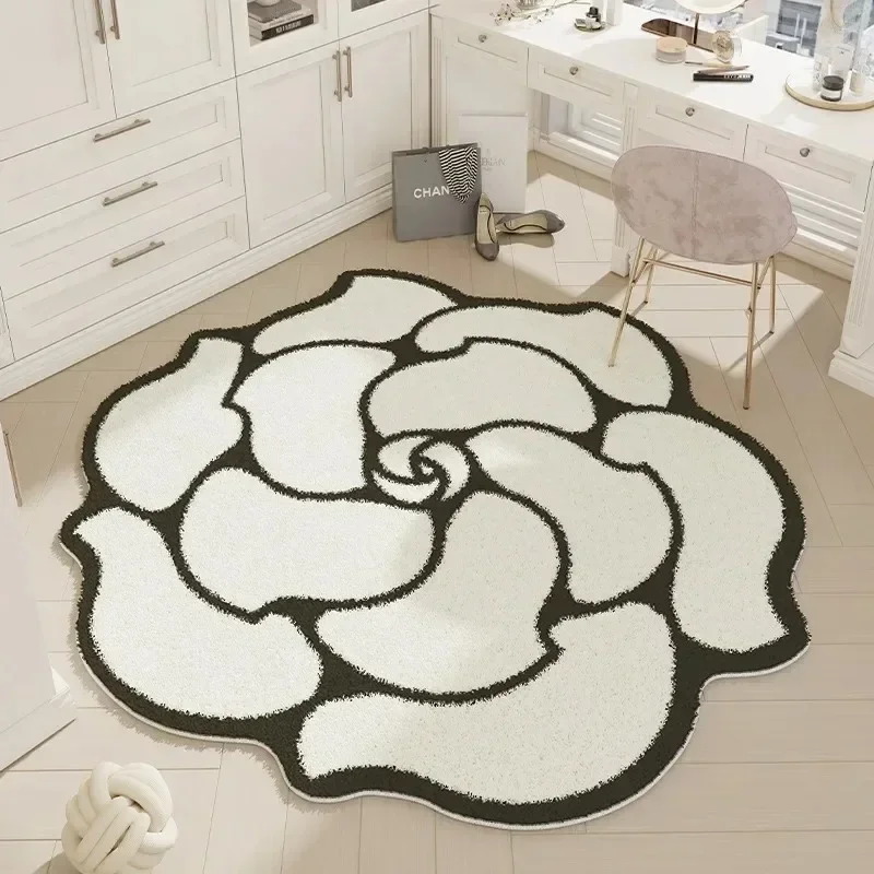 Cream Style Rugs for Bedroom Round French Flower Bedside Rug Soft Non-slip Dressing Table Mat Large Area Living Room Carpet