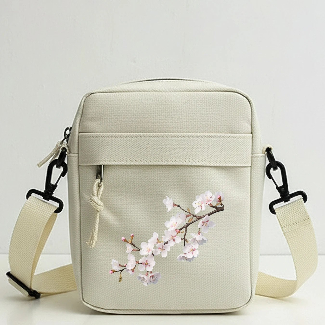 Cherry Blossom Pattern Crossbody Shoulder Bag with 2D Print Detachable Strap Zipper Large Capacity for Travel Work School Dating