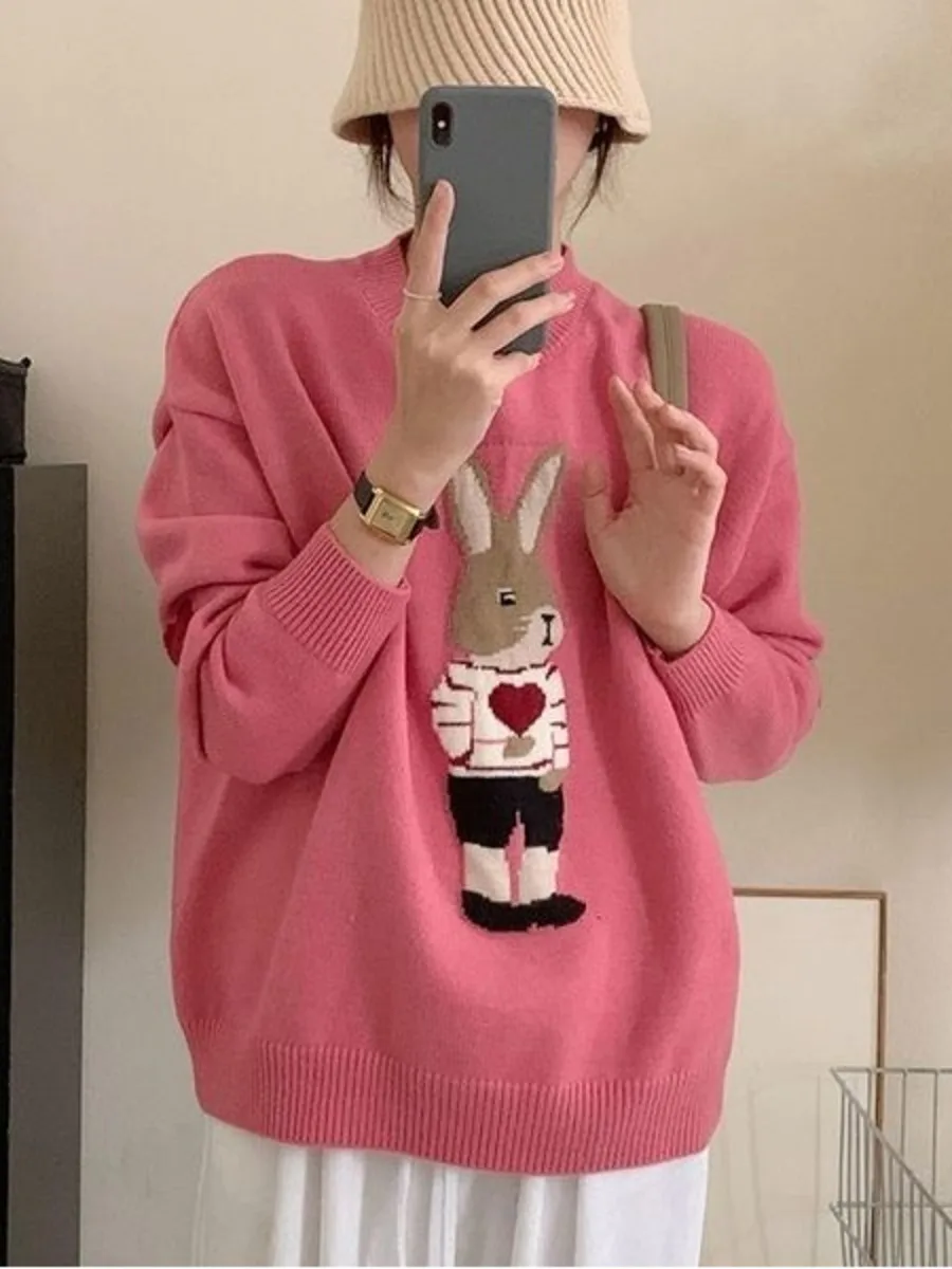 Cute Cartoon Fashion Bunny Sweater O-Neck Rabbit Jacquard Sweater Autumn Winter Pullover Long Sleeved Knit Sweater Top