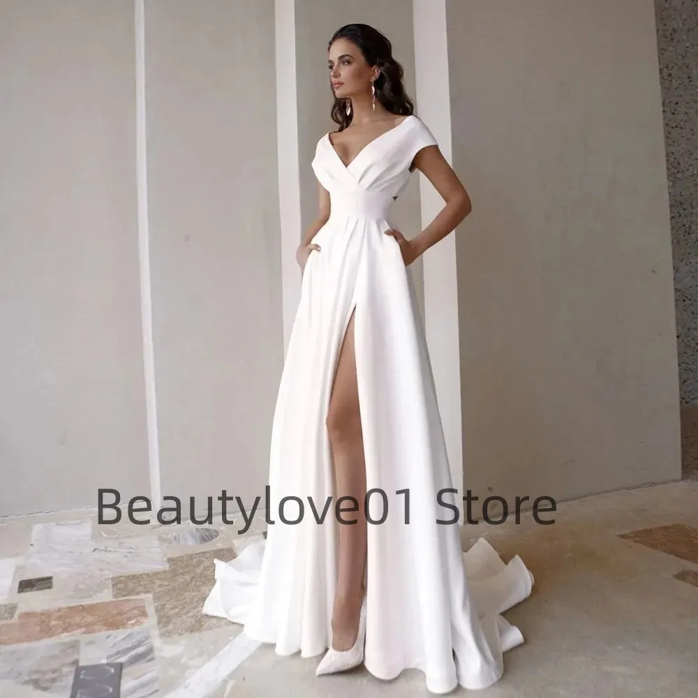 2024Elegant and dignified white evening gown V-neck sleeveless satin women's formal ball evening gown vestفساتين للحفلات الراقصة