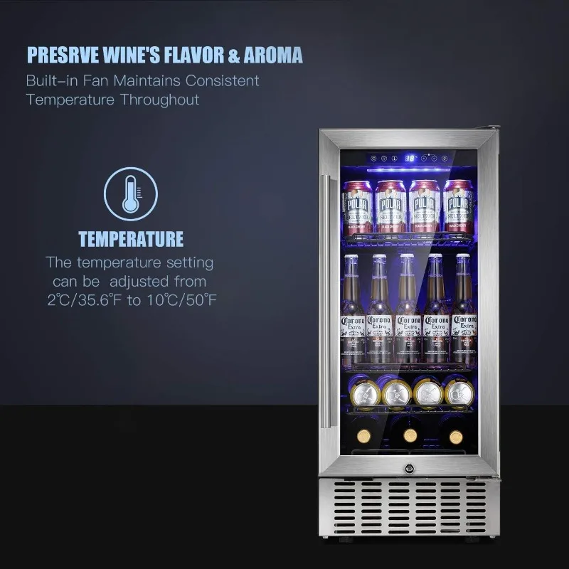 Antarctic Star 15 Inch Beverage Refrigerator Under Counter Built-in Wine Cooler Mini Fridge Clear Glass Door Digital Memory