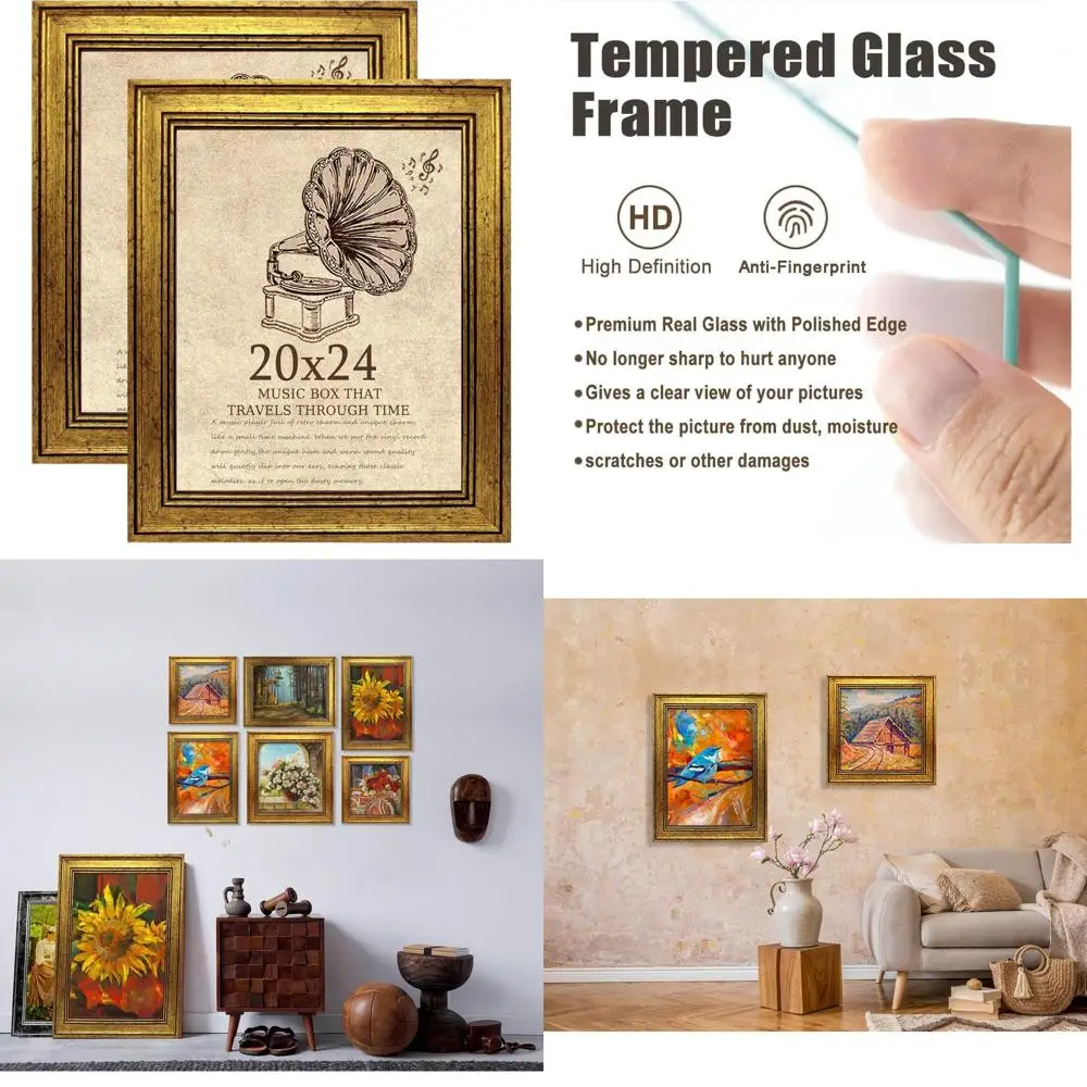 

Pair of 20x24 Vintage-Style Picture Frames with Real Glass, Rustic Gold for Wall Decor and Gifts