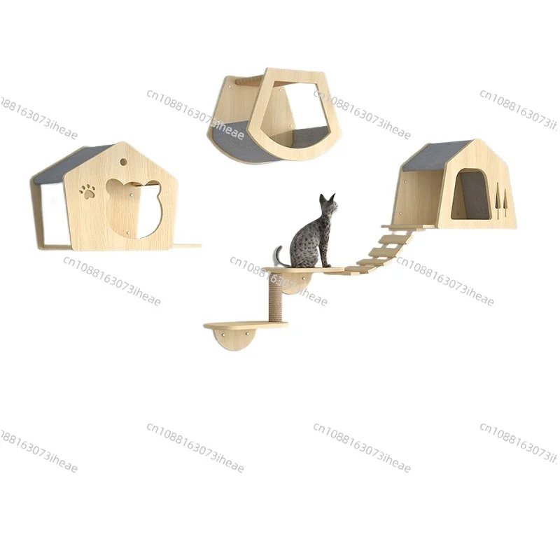 Natural Wood Wall-Mounted Cat Activity Center: Multi-Level Wall Perch with Scratching Posts, Jump Platform & Cozy Lounging Nook
