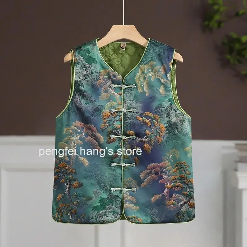 Women Autumn Winter Chinese Style Padded Vest Frog Button Retro Warm Tang Suit Waistcoat Mom Ladies Sleeveless Outerwear Top