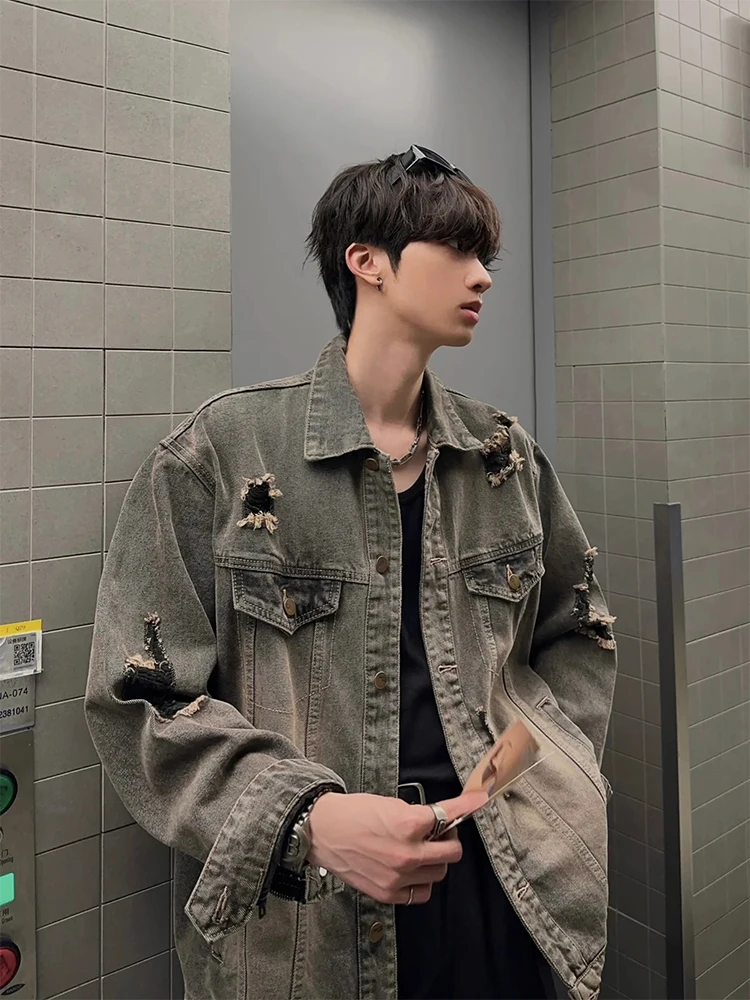 

Ripped Bla ey Denim Jaet Men's Spring Autumn American Retro New Jaet Trendy High Street Vibe Coat Loose Fit Multi ket