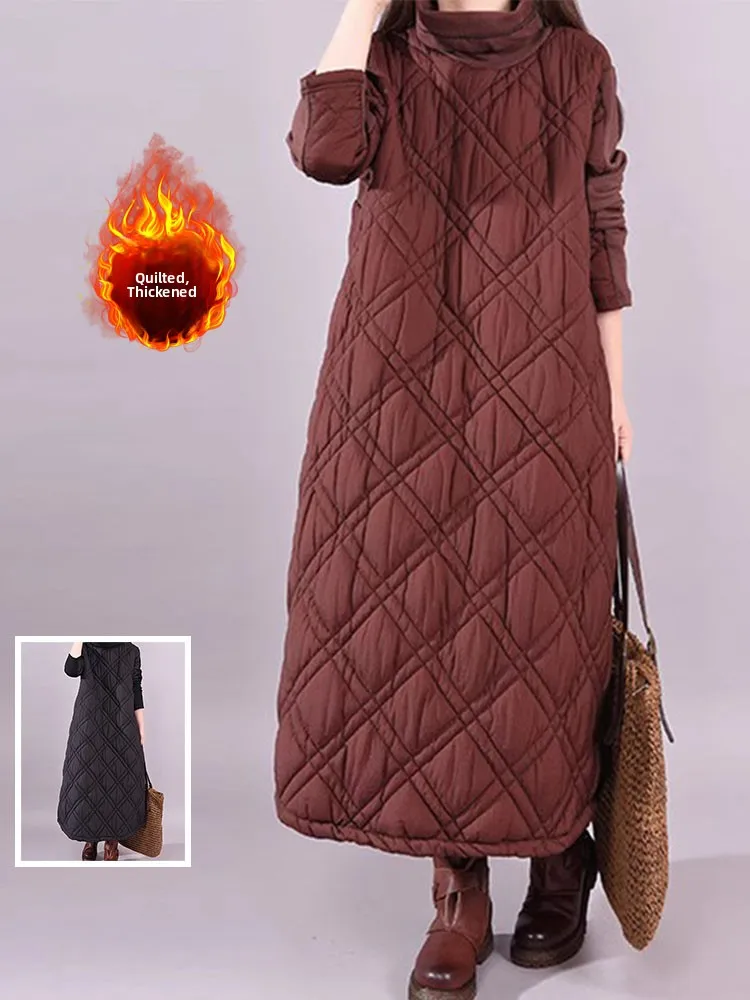 

Faionable лоскутное хлопковое длинное повседневное женское платье с высоким воротником и ромбовидным узором, зимняя базовая юбка больших размеров