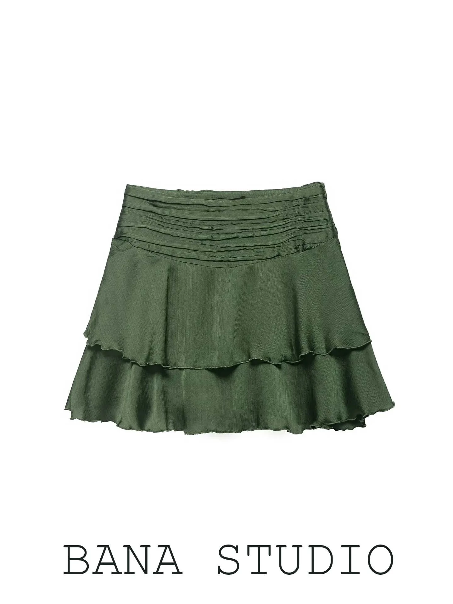 

Green Asymmetrical Hem Short Skirt Women's High Waist BANA Tailor-made Pearl Luminous Summer Half Skirt Casual Style