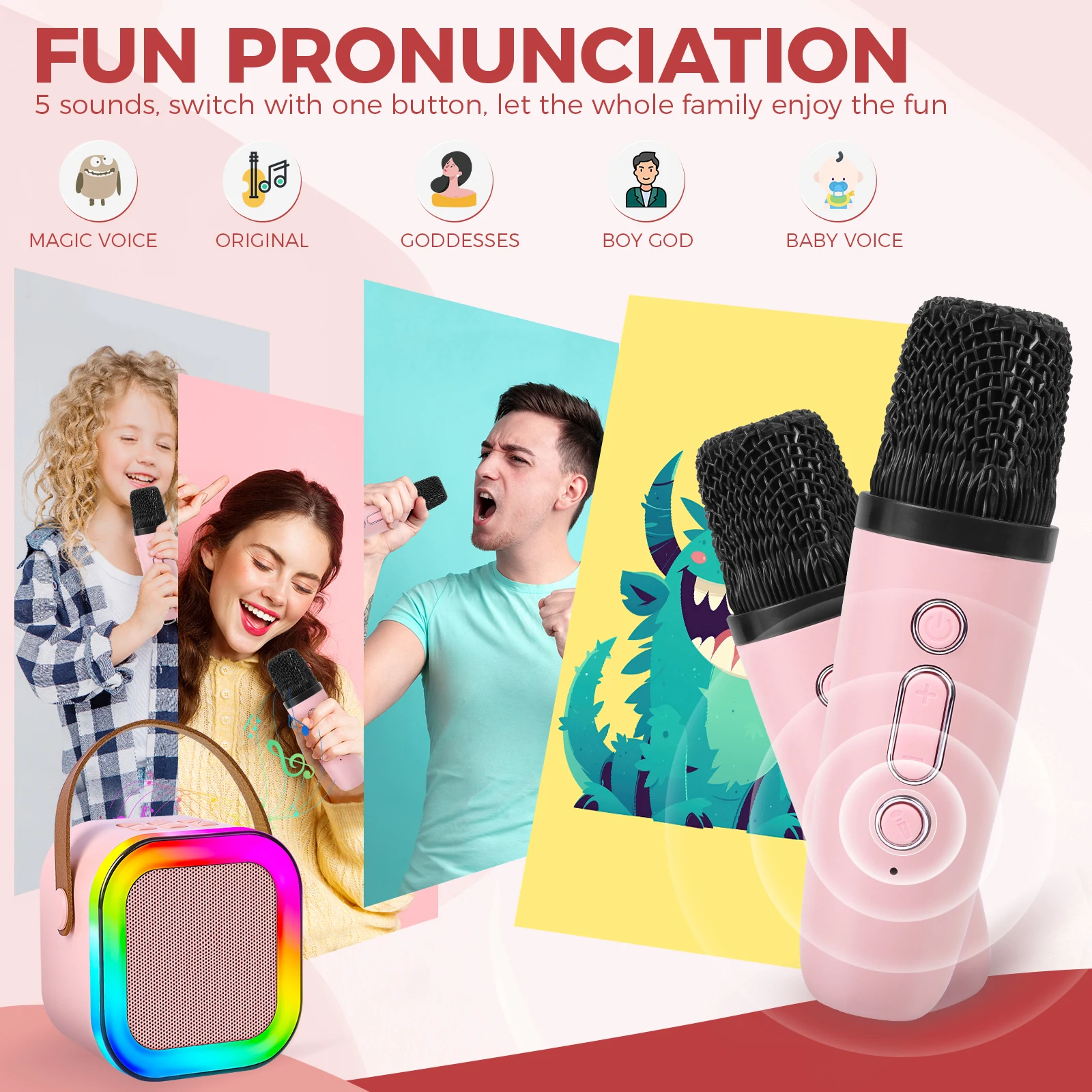 ﻿   INEYES جديد K12 آلة الكاريوكي مكبر صوت بخاصية البلوتوث قابل للنقل مع 2 ميكروفونات لاسلكية الأسرة الغناء مكبر الصوت للأطفال Gif