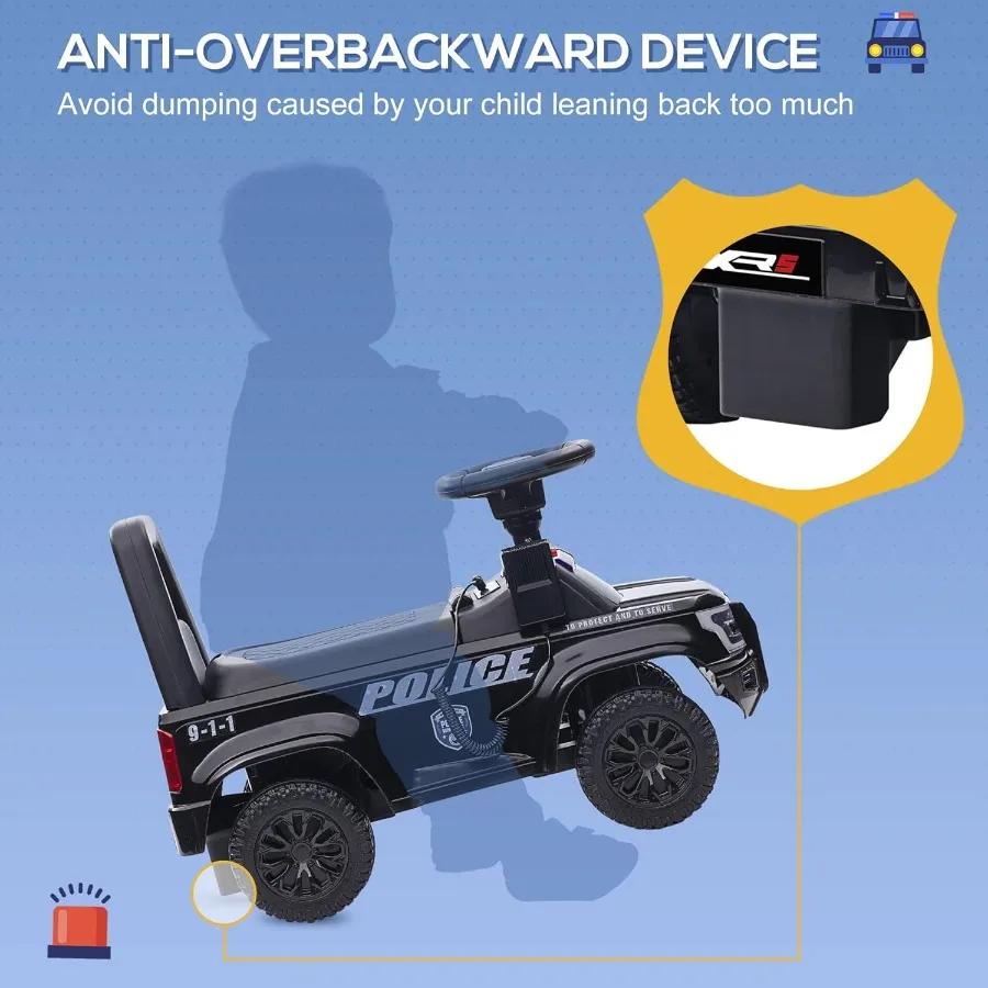 Samochodzik dla dzieci do pchania z działającym systemem PA i klaksonem, w stylu ciężarówki policyjnej, z napędem na stopę, dla chłopców i dziewczynek z Unde