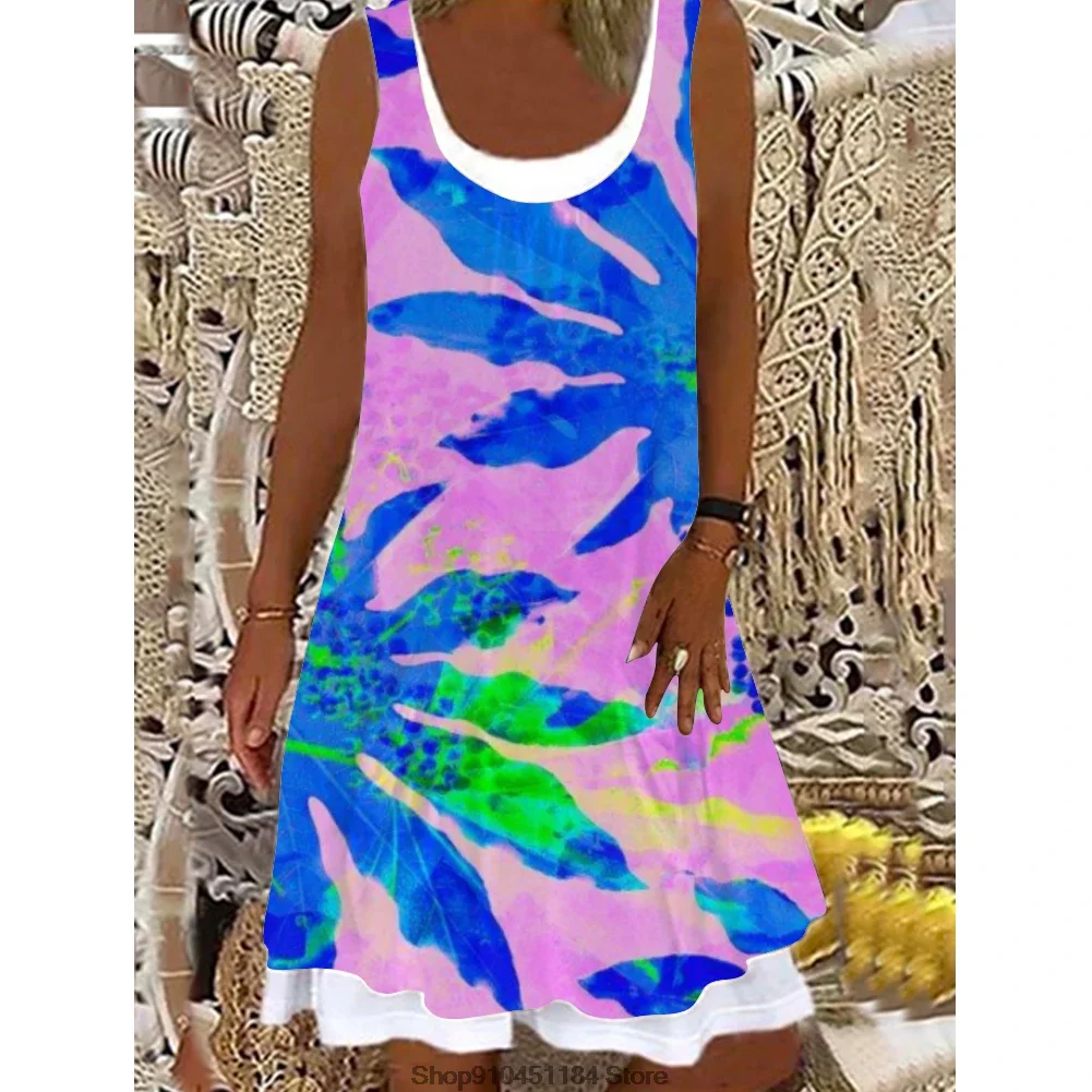 

Богемные женские повседневные пляжные платья без рукавов с имитацией двух частей с принтом листьев длиной до колена пляжная Женская одежда для отдыха на море