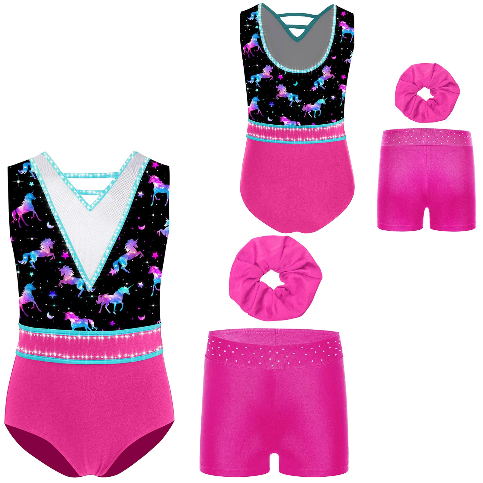 キッズガールズ体操ダンスレオタードセットノースリーブVネックラインストーン付きショーツ帽子フィギュアスケートダンス競技着用