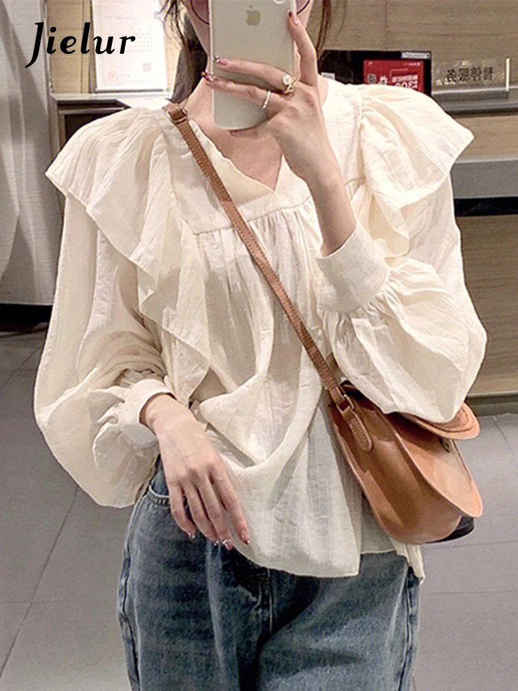 

Jielur Fashion V-neck Ruffled Long Sleeve Blouses Women Casual French Blouse Female New Summer Light Apricot Elegant Lady Shirts