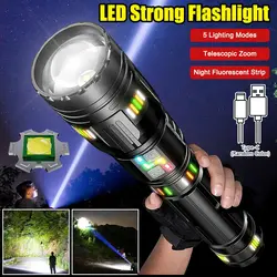 Super Bright Flashlight Zoom Long Range Flashlight Fluorescent Absorbing Film Luminous Rechargeable Outdoor Camping Emergency