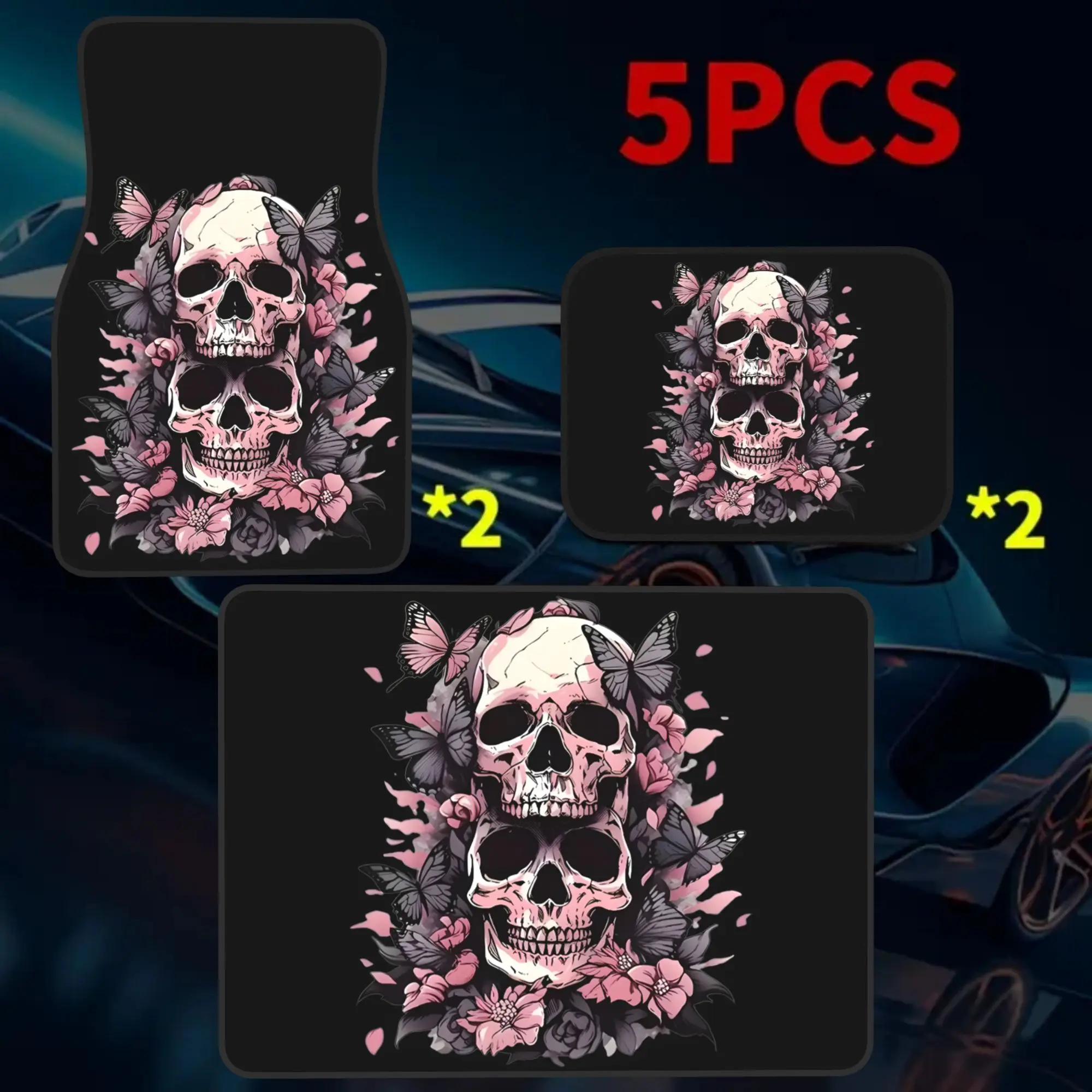 5pcs Gothic Pink Skull Butterflies Tattoo Style Universal Car Floor Mats | Trunk Mat 5pcs (4 Floor Mats + 1 Trunk Mat), All Weat