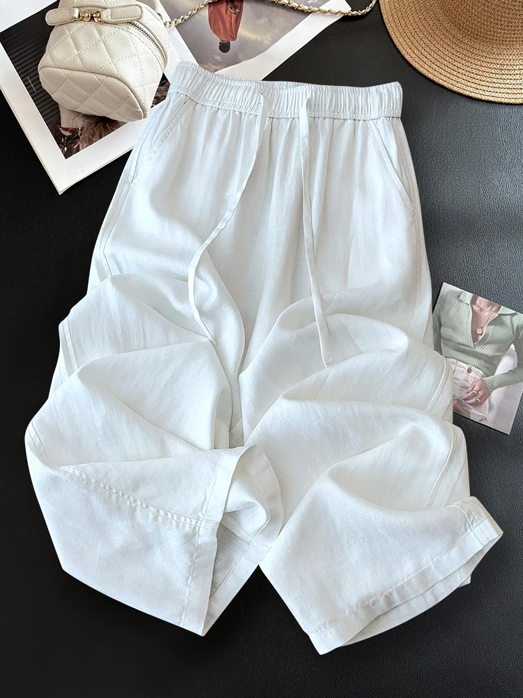 بنطلون واسع الساق للنساء صيفي جديد رقيق بخصر عالٍ نحيف من القطن والكتان مستقيم مريح وقابل للتنفس وفضفاض