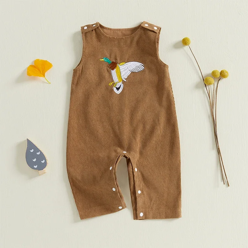 

Infant Baby Clothing Boys Duck Embroidery Overalls Sleeveless Suspender Corduroy Romper Jumpsuits Outfits