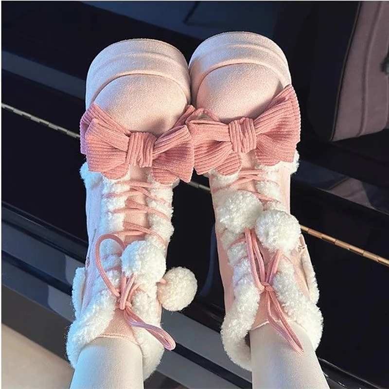 Lovely Girls Lolita Winter Mid-Calf Snow Boots,Cute Female Students Bowknots Lace Up Wedge Heel Plush Warm Heightening Shoes