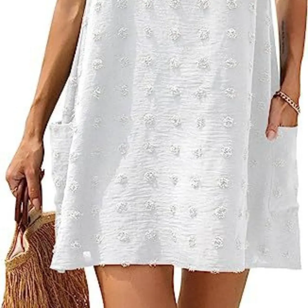 

Women's Seaside Beach V-neck Blouse Loose Fit Sling Top with Pocket Fur Ball Detail Jacquard T-Shirt Dress