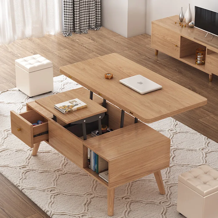 Nordic style, multi-functional lift, coffee table and dining table dual-purpose, living room small apartment, log slate