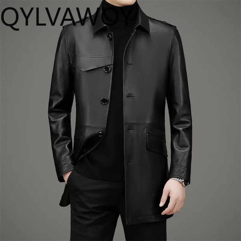 QYLVAWOY Top Layer Sheepskin Soft Real Leather Coats for Man Mid-length High Quality 100% Genuine Leather Jacket Men Clothing