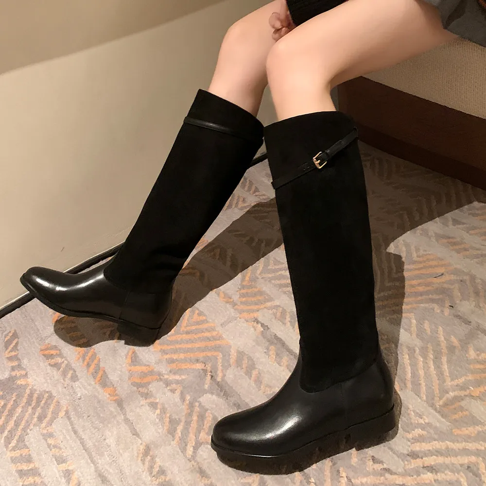 FEDONAS Splicing Genuine Leather Women Knee High Boots Low Heels Round Toe Western Boots Office Lady Autumn Winter Shoes Woman